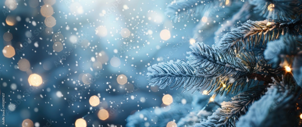 Frosted Pine Branch with Blurry Lights and Snowflakes Frosted Pine Branch with Blurry Lights and Snowflakes