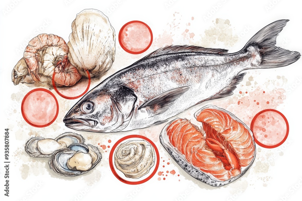This image depicts a variety of seafood including a whole fish, shrimp ...