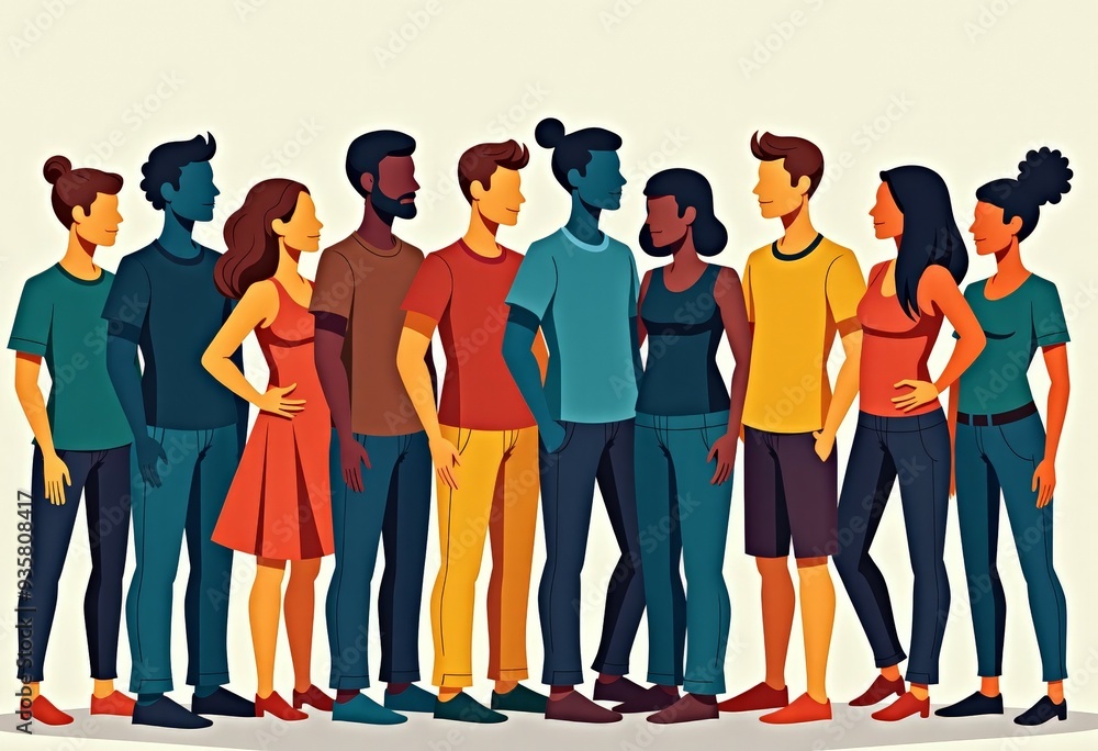 Obraz premium An illustration of a diverse group of people standing together, representing community, inclusion, and unity, with a simple and vibrant color palette. 