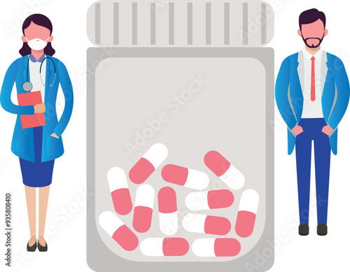 A boy and a girl are standing next to a bottle of pills.