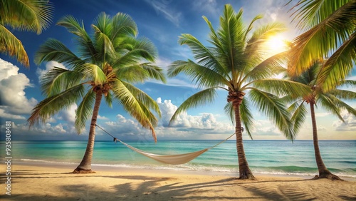 palm trees on the ocean beach with hammock