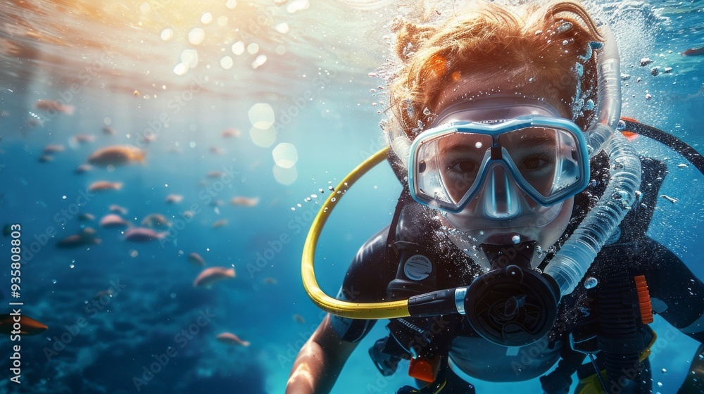 A child dives into the crystal-clear ocean, wearing a snorkeling mask and fins, curiously observing colorful fish all around while enjoying the warm afternoon sun A child dives into the crystal-clear ocean, wearing a snorkeling mask and fins, curiously observing colorful fish all around while enjoying the warm afternoon sun