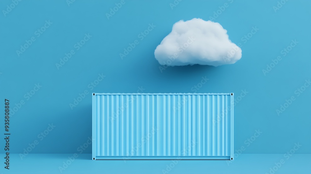 Minimalistic blue background with a container and a cloud floating above. Modern abstract concept with clean design and bright colors. Minimalistic blue background with a container and a cloud floating above. Modern abstract concept with clean design and bright colors.