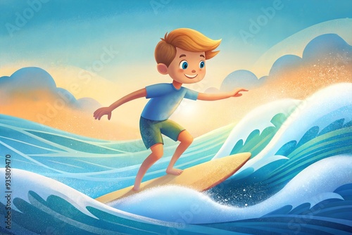 a boy surfing a wave on a board.