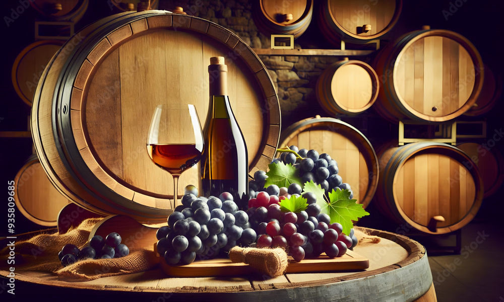 Dekoration Weinflasche und Weinglass in einem Weinkeller , Rotwein und Weißwein Dekoration Weinflasche und Weinglass in einem Weinkeller , Rotwein und Weißwein