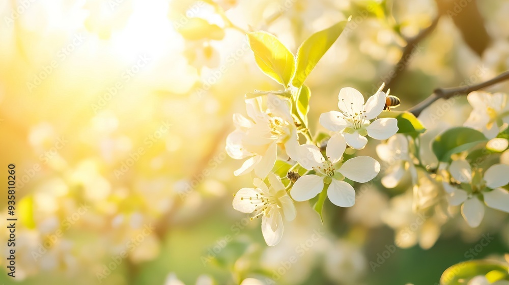 Peaceful Spring Orchard with Fruit Trees in Blossom, Soft Sunlight Filtering Through Branches, and Bees Buzzing Among the Flowers. AI generated illustration Peaceful Spring Orchard with Fruit Trees in Blossom, Soft Sunlight Filtering Through Branches, and Bees Buzzing Among the Flowers. AI generated illustration