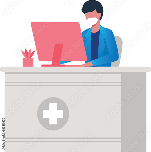 The doctor is at his desk.