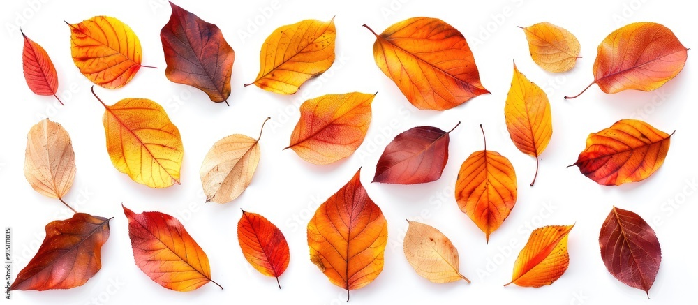 Obraz premium Flat lay of autumn leaves arranged on a white background top view with copyspace Isolated vibrant fall nature theme