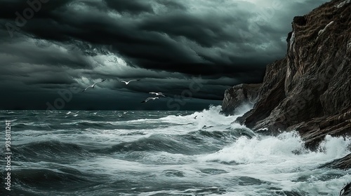 Rugged Rocky Coastline with Crashing Waves, Dark Storm Clouds Gathering, and Seagulls Flying Overhead. AI generated illustration