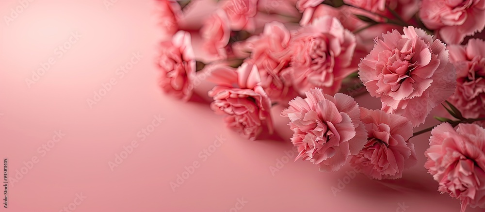A lovely arrangement of pink Carnation flowers on a pink background Suitable for Mother s Day Women s Day weddings and bridal themed floral backgrounds. Copy space image A lovely arrangement of pink Carnation flowers on a pink background Suitable for Mother s Day Women s Day weddings and bridal themed floral backgrounds. Copy space image