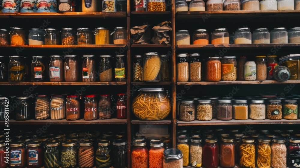 A well-organized pantry filled with a variety of jars containing different spices, grains, and dry goods, showcasing a plethora of colors and textures. A well-organized pantry filled with a variety of jars containing different spices, grains, and dry goods, showcasing a plethora of colors and textures.