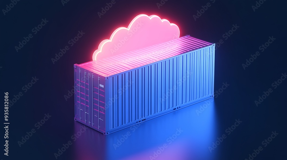 Modern digital representation of cloud computing with a glowing neon cloud and a blue container, symbolizing data storage and cloud services. Modern digital representation of cloud computing with a glowing neon cloud and a blue container, symbolizing data storage and cloud services.