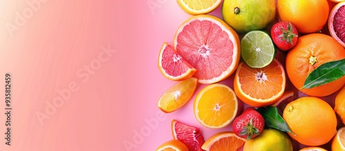 Fototapeta Naklejka Na Ścianę i Meble -  Fresh assortment of citrus fruits Various citrus fruits against a pink background Fruit food frame border Background featuring citrus fruits Healthy eating and diet copy space