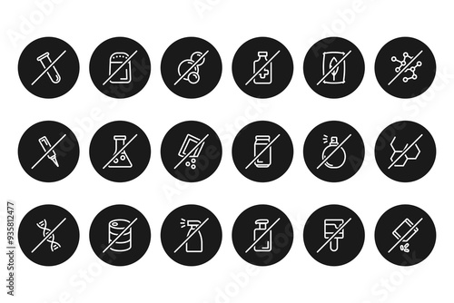 Organic cosmetics icon set. Eco friendly, sls, paraben, fragrance free labels for sulfate free cosmetics. Eco friendly and organic cosmetics, hair care and body care.