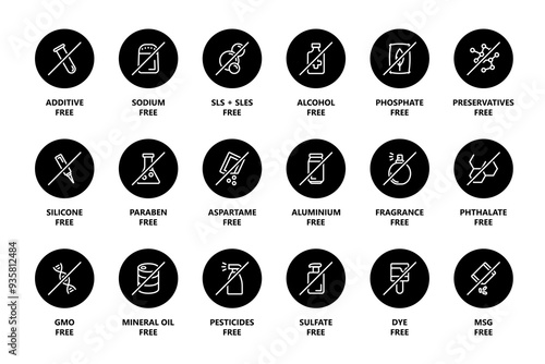 Organic cosmetics icon set. Eco friendly, sls, paraben, fragrance free labels for sulfate free cosmetics. Eco friendly and organic cosmetics, hair care and body care.	