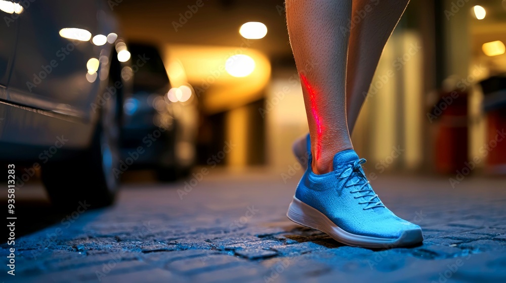 Fototapeta premium Blue Running Shoe with Red Line on Leg