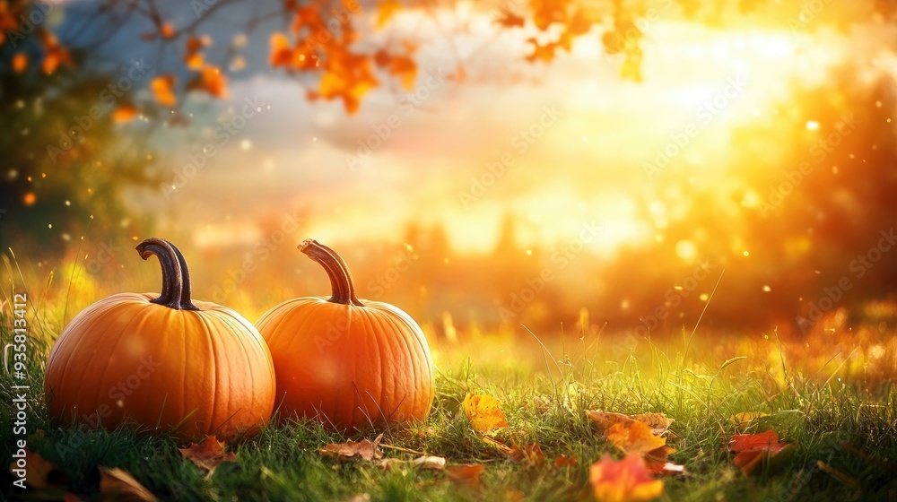 Pumpkins On Grass In Field With Trees And Sunset Background - Thanksgiving/Harvest with generative ai Pumpkins On Grass In Field With Trees And Sunset Background - Thanksgiving/Harvest with generative ai
