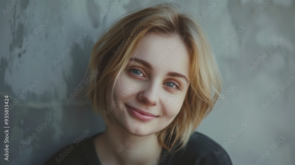 A woman with short blonde hair smiles coyly, leaning against a grayed concrete wall, exuding charm. A woman with short blonde hair smiles coyly, leaning against a grayed concrete wall, exuding charm.