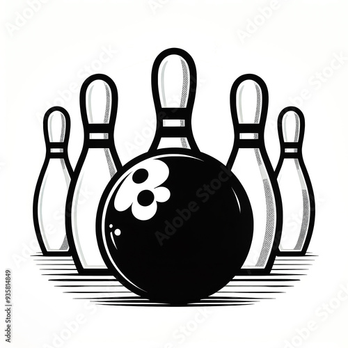 Black and white vector illustration of bowling ball and pins on white background.	 photo