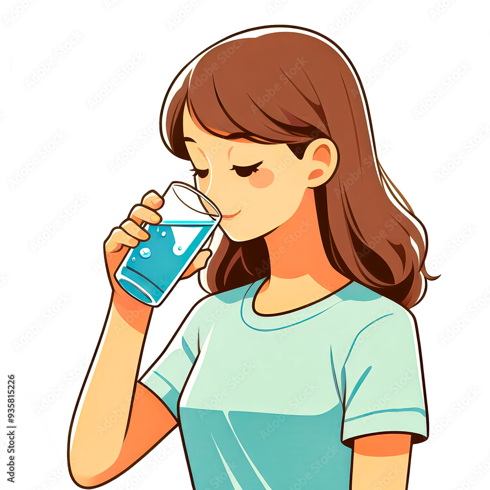 Vector illustration of a young woman drinking clean water in a glass on a white background. Vector illustration of a young woman drinking clean water in a glass on a white background.