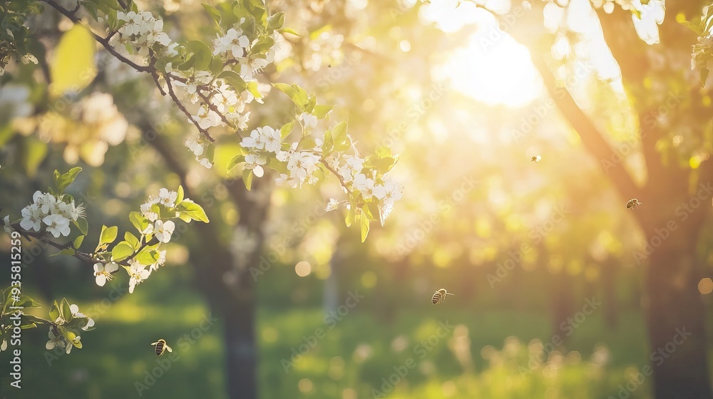 Peaceful Spring Orchard with Fruit Trees in Blossom, Soft Sunlight Filtering Through Branches, and Bees Buzzing Among the Flowers. AI generated illustration