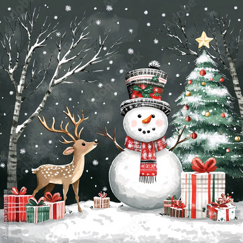 A festive winter scene featuring a cheerful snowman in a patterned top hat and scarf, standing beside a decorated Christmas tree, a reindeer, and gift-wrapped presents, all set against a snowy landsca photo