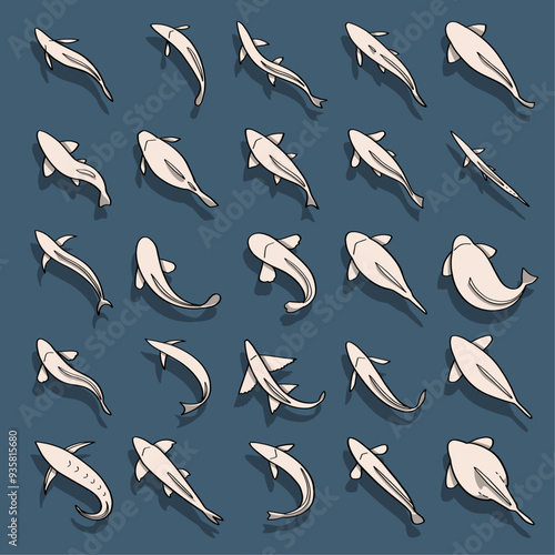 hand drawn vector top view of fish swimming isolated on blue background.