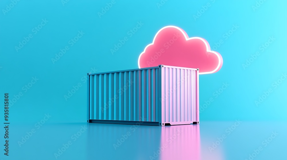 Shipping container with a glowing pink cloud on a blue background symbolizing cloud computing and data storage technology. Shipping container with a glowing pink cloud on a blue background symbolizing cloud computing and data storage technology.