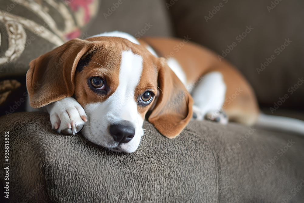 Fototapeta premium Beagle Puppy Resting on Sofa - Cozy and Cute Living Room Scene