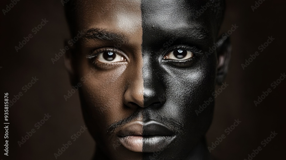 Modern portrait of man with black skin split into two color tone parts. Concept of beauty, cultural diversity, unity, and stop discrimination Modern portrait of man with black skin split into two color tone parts. Concept of beauty, cultural diversity, unity, and stop discrimination