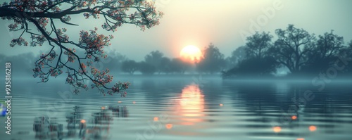 A serene lake with a tree branch in the foreground