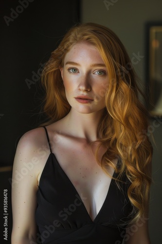 Elegant Portrait of Red-Haired Woman in Dark Room