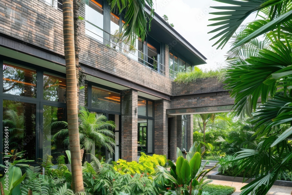 Contemporary Brick Home with Tropical Garden Contemporary Brick Home with Tropical Garden