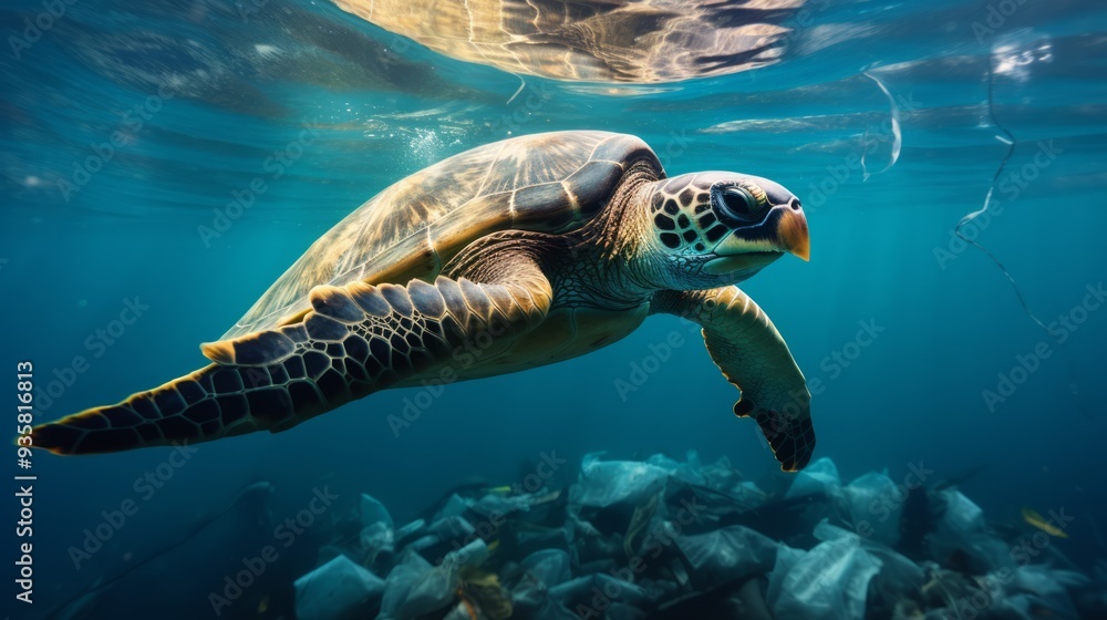 Fototapeta premium Tropical turtle and plastic bag in ocean underwater space. Neural network ai generated art