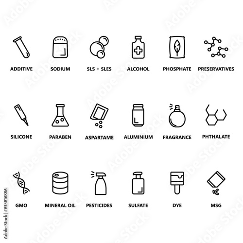 Additives, GMO, SLS, Parabens and other food and cosmetics chemicals icon set. Organic label, sticker or package stamp concept.