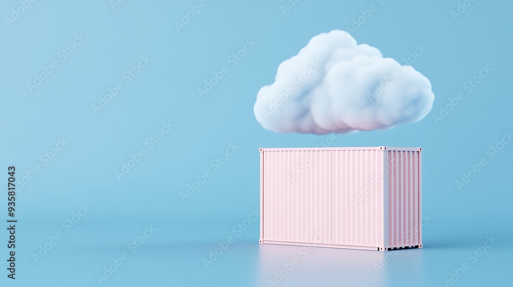 Surreal image of a white cloud floating above a pink shipping container against a blue background, creating a whimsical and imaginative scene. Surreal image of a white cloud floating above a pink shipping container against a blue background, creating a whimsical and imaginative scene.