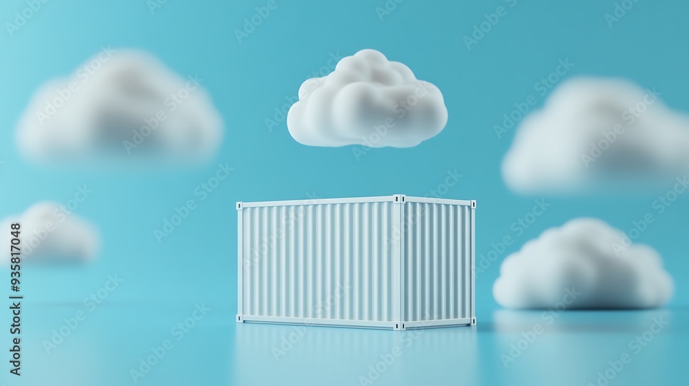 Surreal image of a shipping container floating among clouds on a light blue background, symbolizing cloud storage and shipping concept. Surreal image of a shipping container floating among clouds on a light blue background, symbolizing cloud storage and shipping concept.