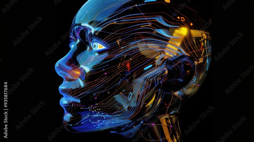 Futuristic robot head with glowing circuits Futuristic robot head with glowing circuits
