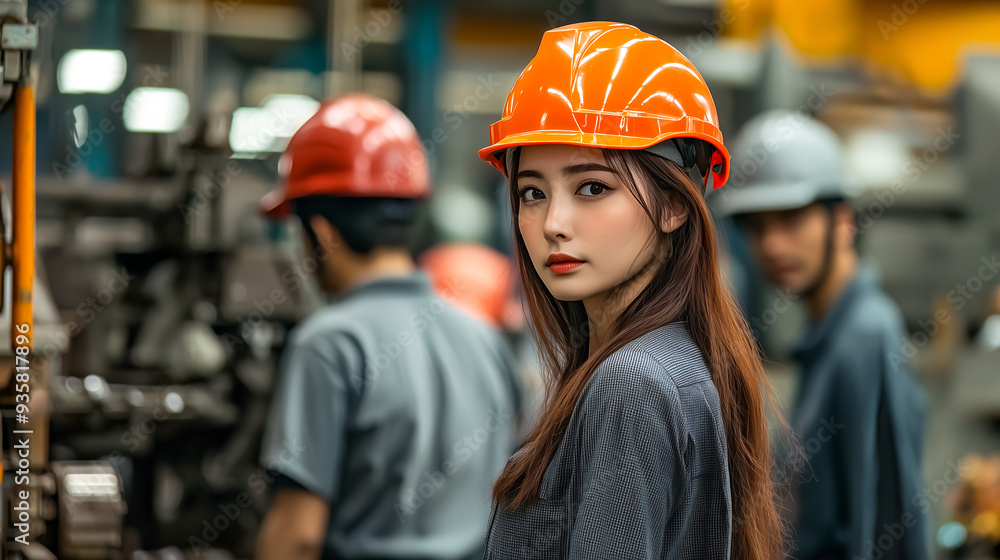 Confident young woman in a construction helmet Confident young woman in a construction helmet
