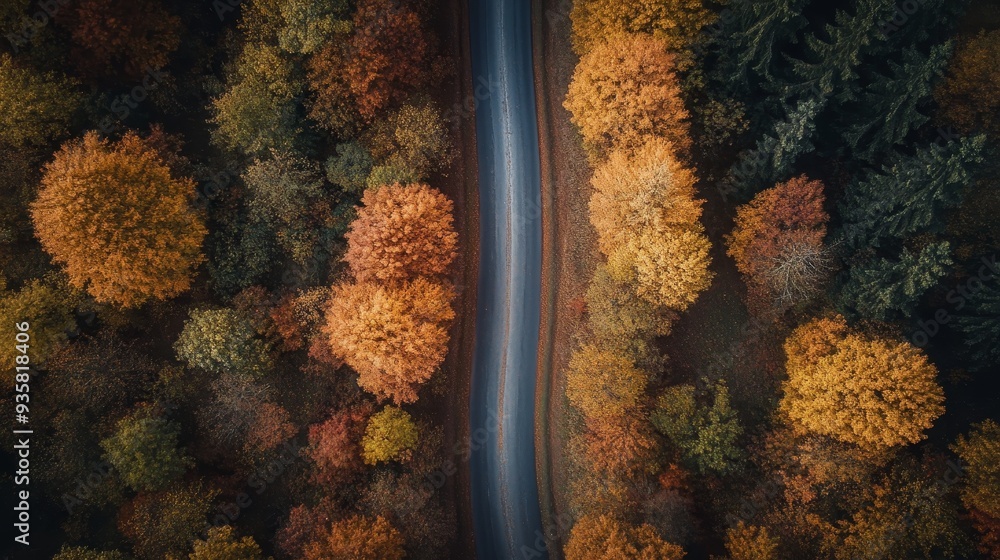 Autumnal road captured from above by a drone (blurred perspective) Autumnal road captured from above by a drone (blurred perspective)