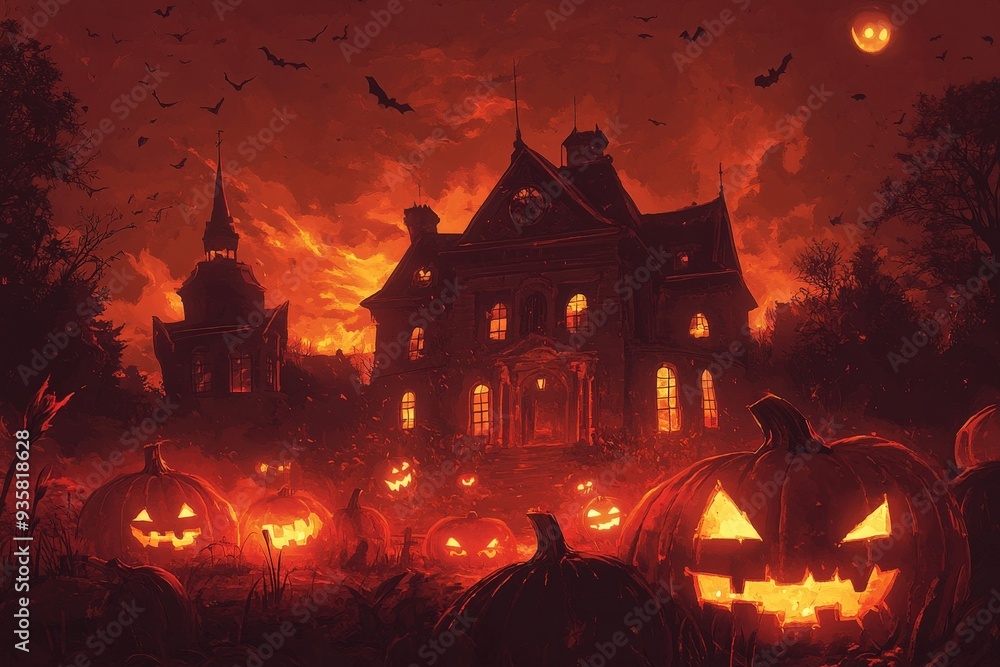 Spooky Halloween Zoom Background Featuring Haunted Mansion with Glowing Jack-O'-Lanterns and Bats in Night Sky Spooky Halloween Zoom Background Featuring Haunted Mansion with Glowing Jack-O'-Lanterns and Bats in Night Sky