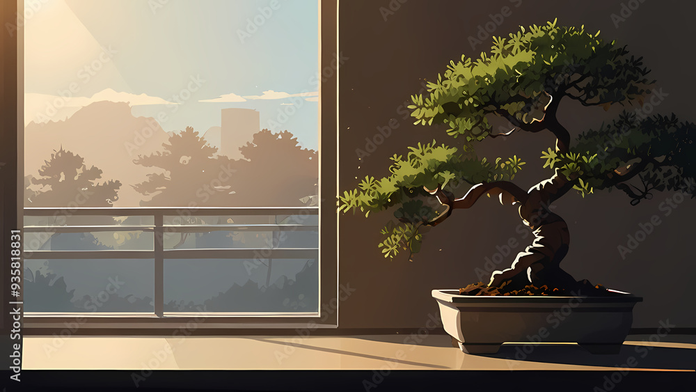 Peaceful flat vector scene of a bonsai tree on a windowsill, with sunlight streaming through Peaceful flat vector scene of a bonsai tree on a windowsill, with sunlight streaming through