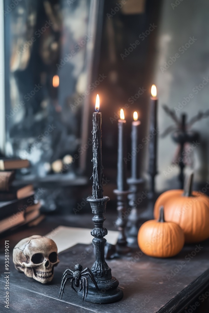 Haunted Home Office Decor with Gothic Candles, Skull, and Pumpkins for a Spooky Halloween Setup Haunted Home Office Decor with Gothic Candles, Skull, and Pumpkins for a Spooky Halloween Setup