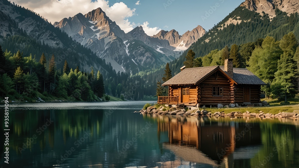 A rustic, log cabin surrounded by towering mountains and a serene lake, perfect for a peaceful getaway. A rustic, log cabin surrounded by towering mountains and a serene lake, perfect for a peaceful getaway.