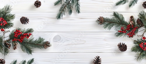 Spruce branches cones and red berries set against a white wooden backdrop A background for Christmas and New Year. Copy space image. Place for adding text and design photo