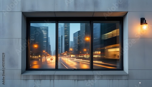 The appearance of a window with reflections and street views on the window as the car passes by. #935819229