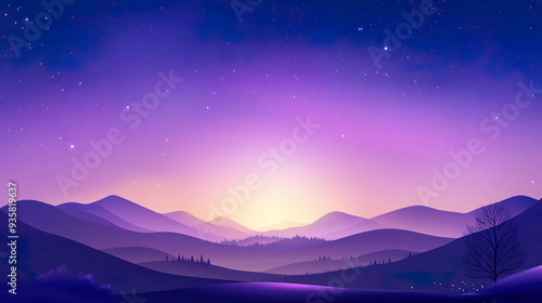 flat illustration of dreamy starry sky with silhouette of mountains at night