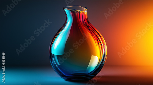 A Murano glass vase with smooth color transitions from blue to red, placed against a background with contrasting lighting