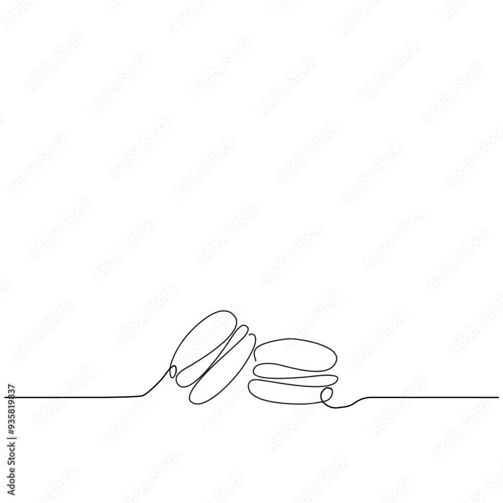 Obraz premium Continuous one line drawing of colorful French macaroons isolated on white background. Hand drawn macarons minimal design art, confectionery concept. Vector illustration for restaurant menu