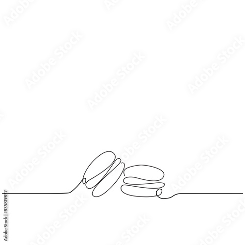 Continuous one line drawing of colorful French macaroons isolated on white background. Hand drawn macarons minimal design art, confectionery concept. Vector illustration for restaurant menu